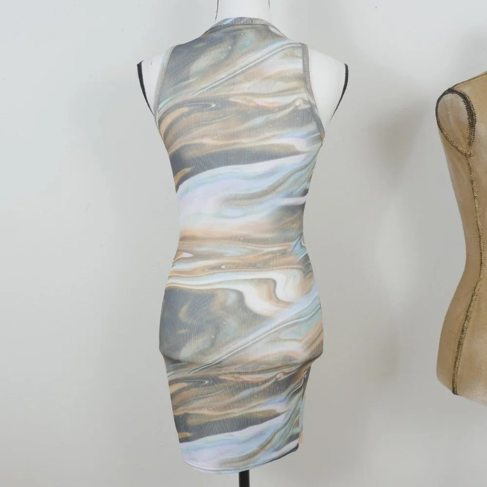 Pretty Little Thing Blue Brown Green Marble Design Size 4 Sleeveless Mini Dress - Picture 9 of 11